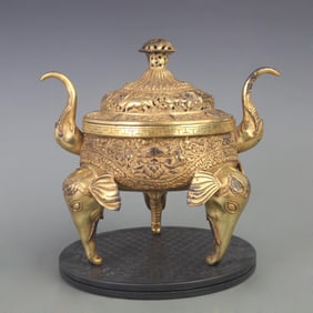 RARE GILT BRONZE ELEPHANT FOOT STYLE BRONZE INCENSE BURNER