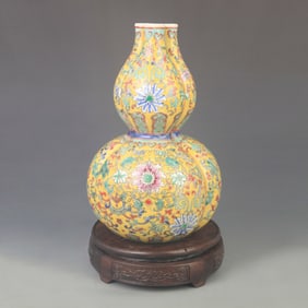 YELLOW GROUND WITH POLYCHROME THREE-TUBE VASE