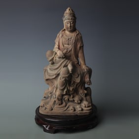 PAINTED WOOD CARVED GUANYIN STATUE