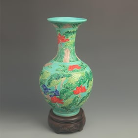 FAMILLE CLOISONNE ENAMEL GREEN GLAZED VASE WITH FLORAL MOTIFS