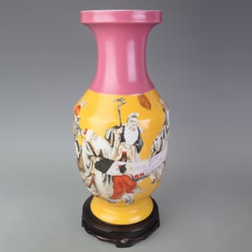 FAMILLE ROSE YELLOW GROUND FIGURE PATTERN PORCELAIN VASE