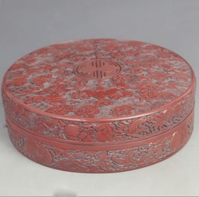 CARVED RED FIVE BLESSINGS AND LONGEVITY PATTERN BOX