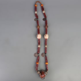 TIBETAN BUDDHIST NECKLACE (AGATE, CLAM SHELL, TIBETAN COINS, ETC.)