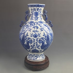 BLUE AND WHITE PHOENIX PATTERN FLAT VASE