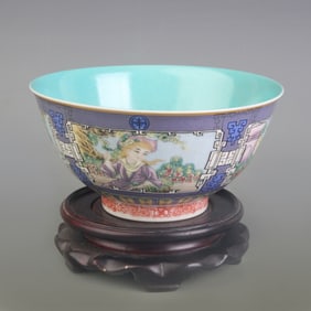 FAMILLE ROSE BLUE GROUND CHARACTER PATTERN PORCELAIN BOWL
