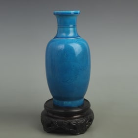 PEACOCK BLUE DARK-CARVED SEA MONSTER PATTERN PORCELAIN VASE