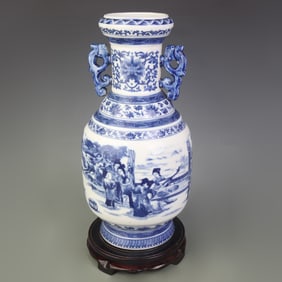 BLUE-AND-WHITE FIGURES PATTERN DOUBLE-EARED PORCELAIN VASE