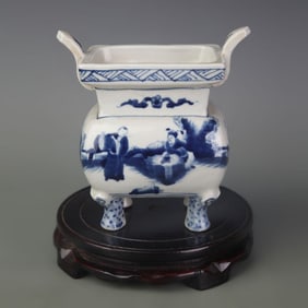 BLUE-AND-WHITE FIGURES PATTERN SQUARE PORCELAIN INCENSE BURNER