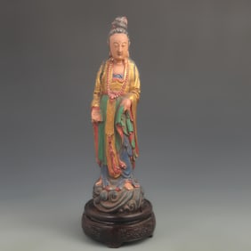 WOODEN PAINTED STANDING GUANYIN STATUE