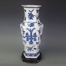 BLUE-AND-WHITE EIGHT TREASURES SIX-SIDED PORCELAIN VASE
