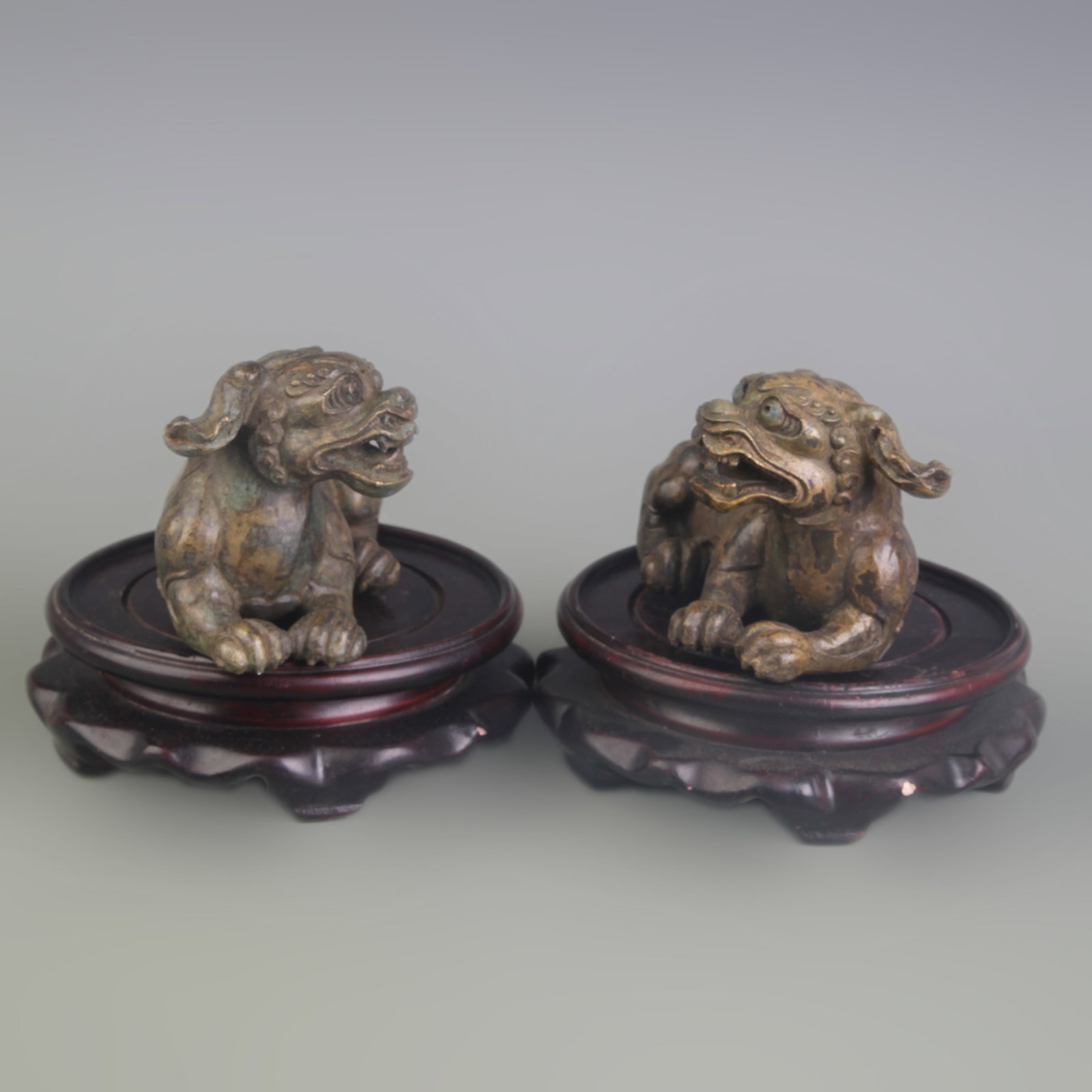 PAIR OF BRONZE PIXIU STATUES: Qing Dynasty; Long; 5.0 inch; High: 2.6 inch