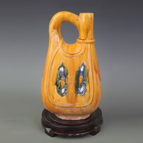 YELLOW GLAZED POTTERY TEAPOT WITH HANDLE
