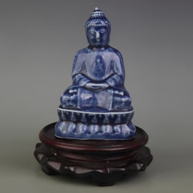 BLUE GLAZED PORCELAIN SHAKYAMUNI STATUE
