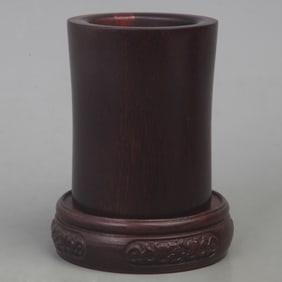 OLD RED WOOD ROUND-SHAPED WOODEN PEN HOLDER
