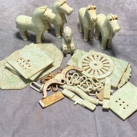 HAN DYNASTY WHITE JADE HORSE CARRIAGE SET (23 PIECES)
