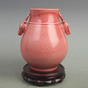 CINNABAR RED GLAZED DOUBLE-HANDLED DEER HEAD PORCELAIN VASE