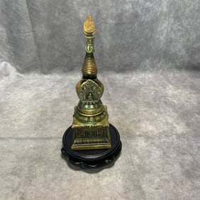 BRONZE INLAID SILVER BUDDHIST RELIC PAGODA