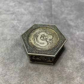 WHITE BRONZE FINELY CARVED COIN INLAID INK PASTE BOX