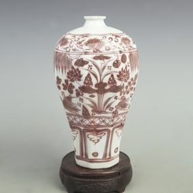 UNDERGLAZE RED MANDARIN DUCK FLORAL EIGHT-SIDED PLUM VASE