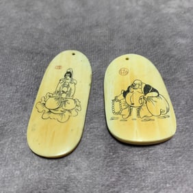 QING DYNASTY OX HORN MINIATURE CARVINGS OF GUANYIN AND MAITREYA