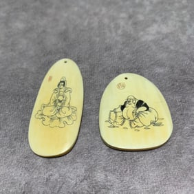 QING DYNASTY OX HORN MINIATURE CARVINGS OF GUANYIN AND MAITREYA