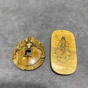 QING DYNASTY OX HORN MINIATURE CARVINGS OF GUANYIN AND MAITREYA
