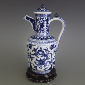 BLUE AND WHITE FLORAL DRAGON MOTIF PORCELAIN EWER