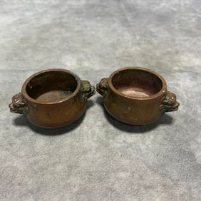 PAIR OF BRONZE LION-EAR INCENSE BURNERS