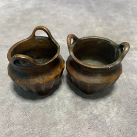 PAIR OF BRONZE MELON-SHAPED BRIDGE-EAR INCENSE BURNERS