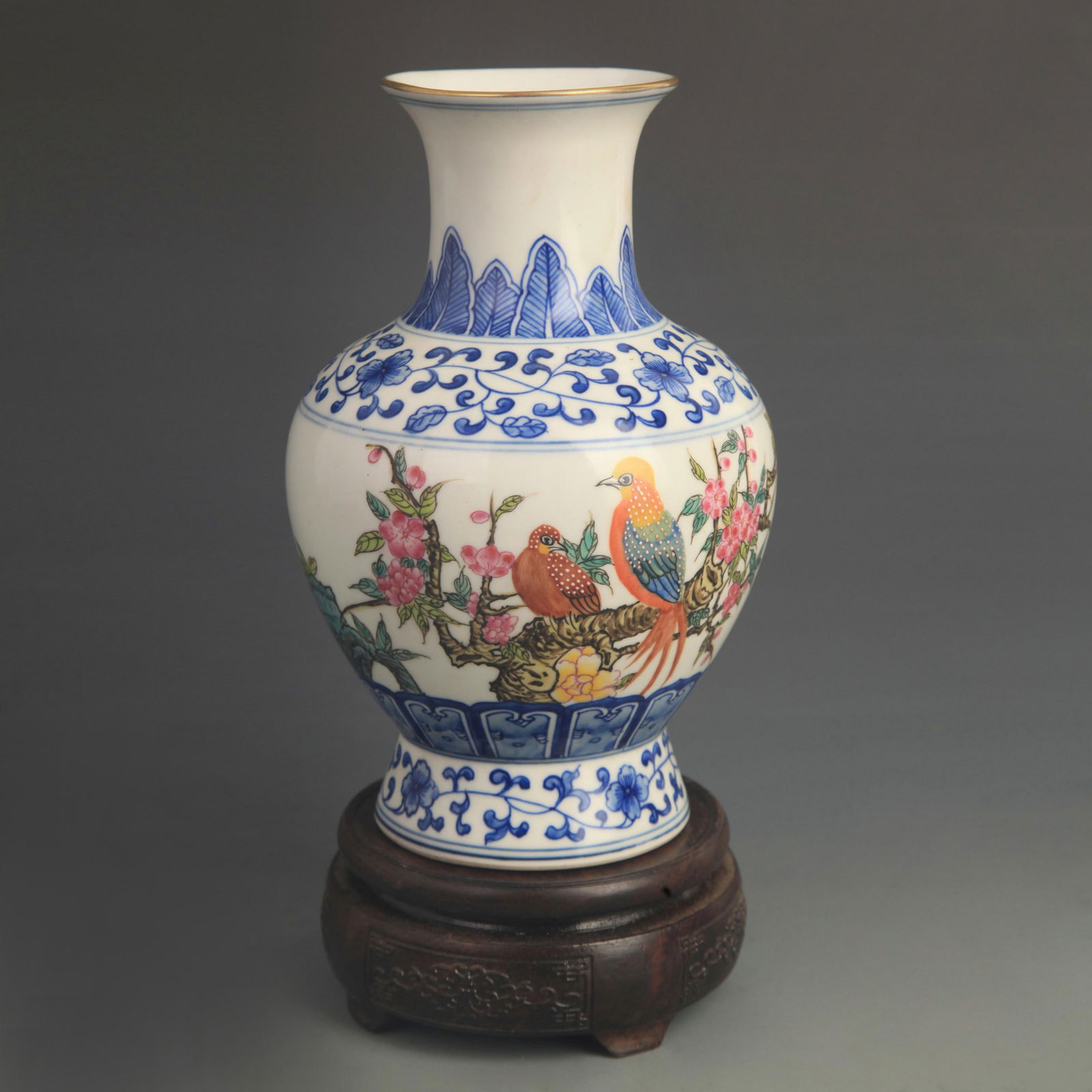 FAMILLE CLOISONNE ENAMEL VASE WITH FLORAL AND BIRD PATTERN (1 of 5)