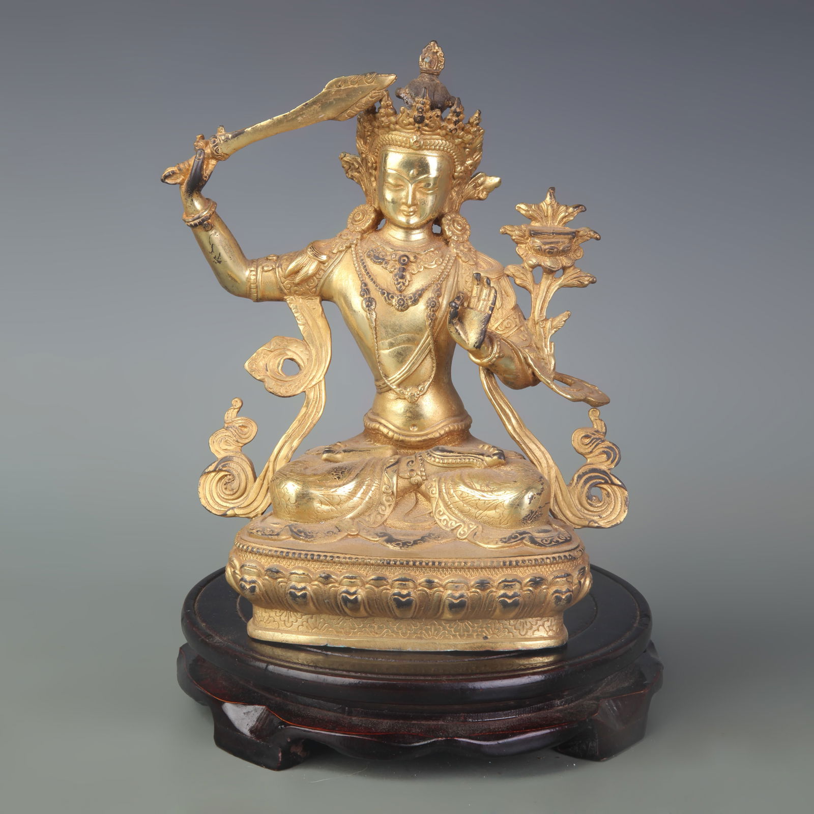 GILDED BRONZE MANJUSHRI BODHISATTVA STATUE (1 of 5)