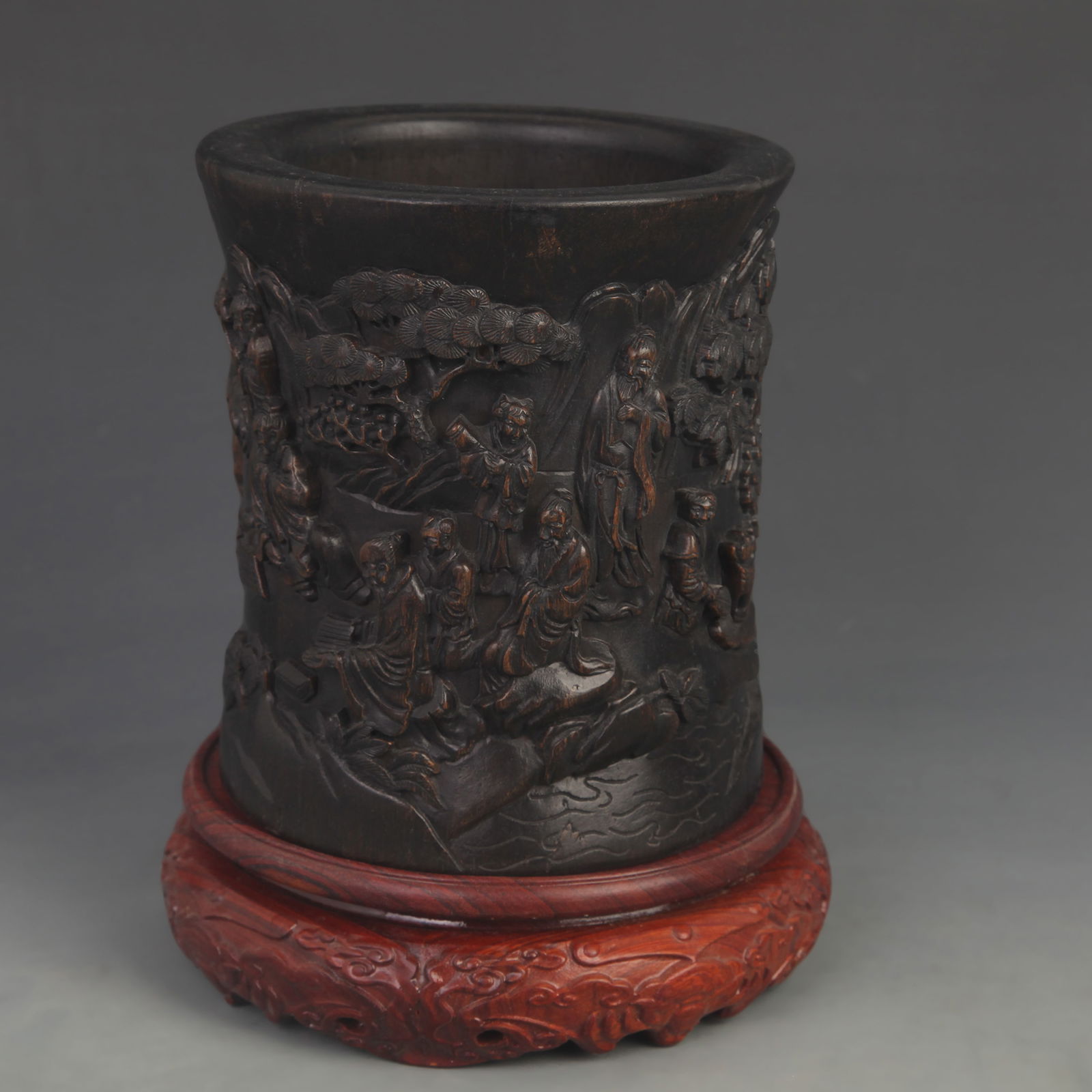 BAMBOO ROOT CARVED XIANGSHAN NINE ELDERS STYLE BRUSH POT (1 of 5)