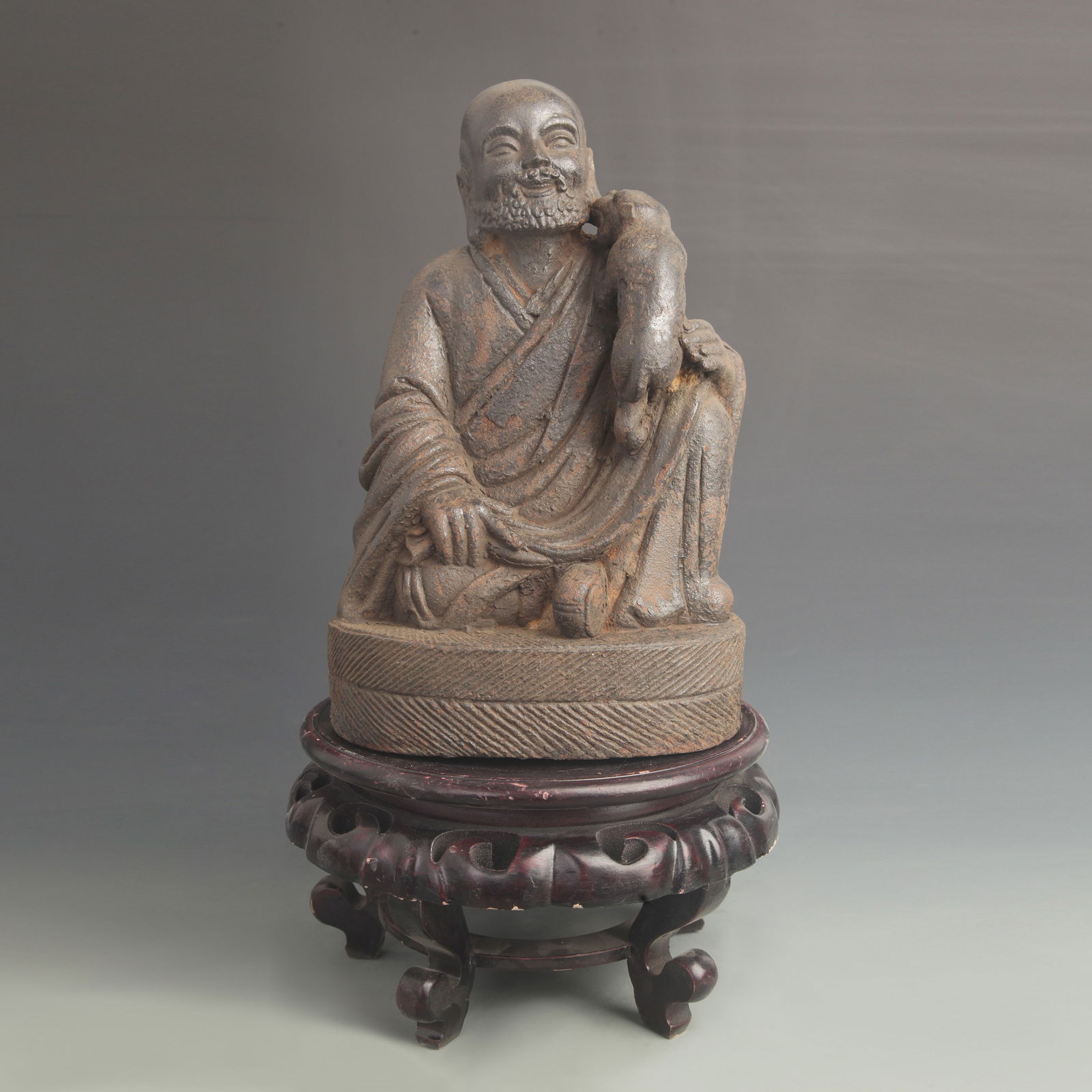 CAST IRON SITTING TIGER ARHAT STATUE (1 of 5)