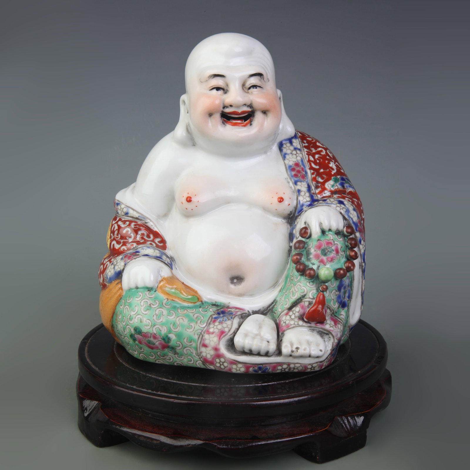 FAMILLE ROSE MAITREYA BUDDHA PORCELAIN STATUE: Modern; High: 6.2 inch