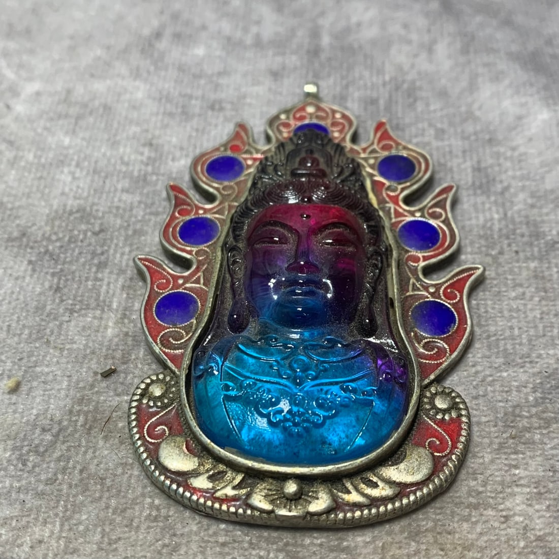 BRONZE ENAMEL PENDANT WITH INLAID GLASS BUDDHA STATUE: Republic Period; Long: 2.1 inch; Width: 0.4 inch; High: 3.2 inch;