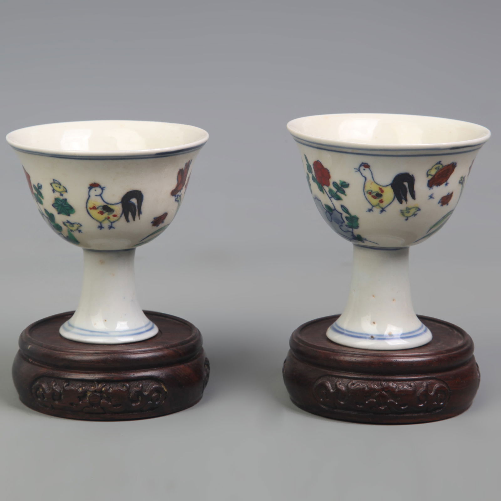 PAIR OF DOUCAI CHICKEN PATTERN AND FLORAL STEM CUPS (1 of 9)