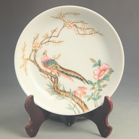 CLOISONNÉ PORCELAIN PLATE WITH FLOWER AND BIRD DESIGN