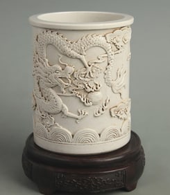 WHITE-GLAZED DRAGON PATTERN BRUSH POT BY WANG BINGRONG