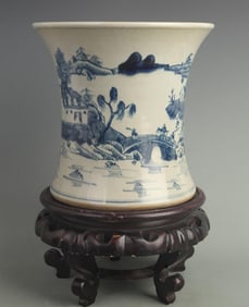 BLUE AND WHITE BRUSH POT WITH LANDSCAPE AND PAVILION DESIGN