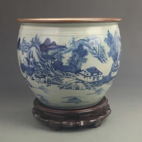 BLUE AND WHITE LANDSCAPE PATTERN PORCELAIN JAR