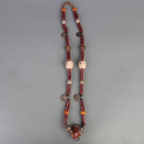 TIBETAN BUDDHIST NECKLACE (AGATE, CLAM SHELL, TIBETAN COINS, ETC.)