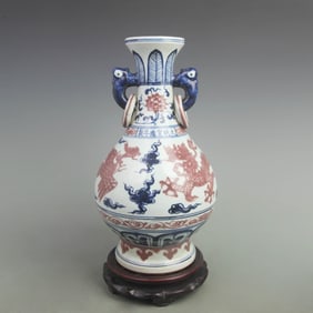 BLUE AND WHITE VASES WITH UNDERGLAZE RED DRAGON AND PHOENIX VASE