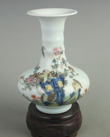 ENAMEL COLOR FLORAL AND BIRD PATTERN FLAT BELLIED PORCELAIN VASE