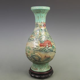FAMILLE ROSE LANDSCAPING CARVING PORCELAIN VASE