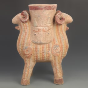 PAINTED POTTERY VASE WITH DOUBLE BEAST FACE