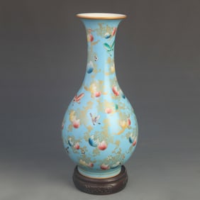 FAMILLE ROSE GLAZED BLUE GROUND HUNDRED BUTTERFLIES PORCELAIN VASE