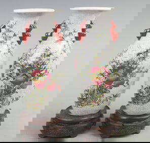 A PAIR GE KILN DOUBLE-HANDLED VASE WITH NINE PEACHES