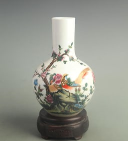 FAMILLE ROSE PHOENIX AND PLUM BLOSSOM GLOBE STYLE PORCELAIN VASE