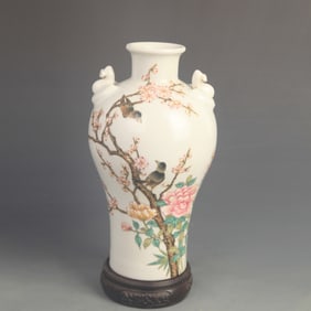 CLOISONNE ENAMEL VASE WITH FLOWER AND BIRD PATTERNS AND BEAST EARS