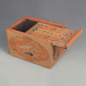 GOLD PAINTED PINE AND CRANE LONGEVITY PATTERN WOODEN STAMP BOX